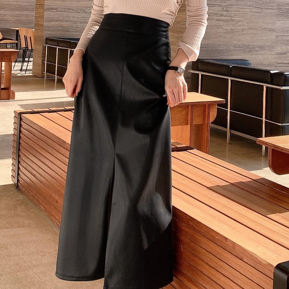 Black Casual Womens High Waist Split Hem PU Leather Skirt - Picture 4 of 5